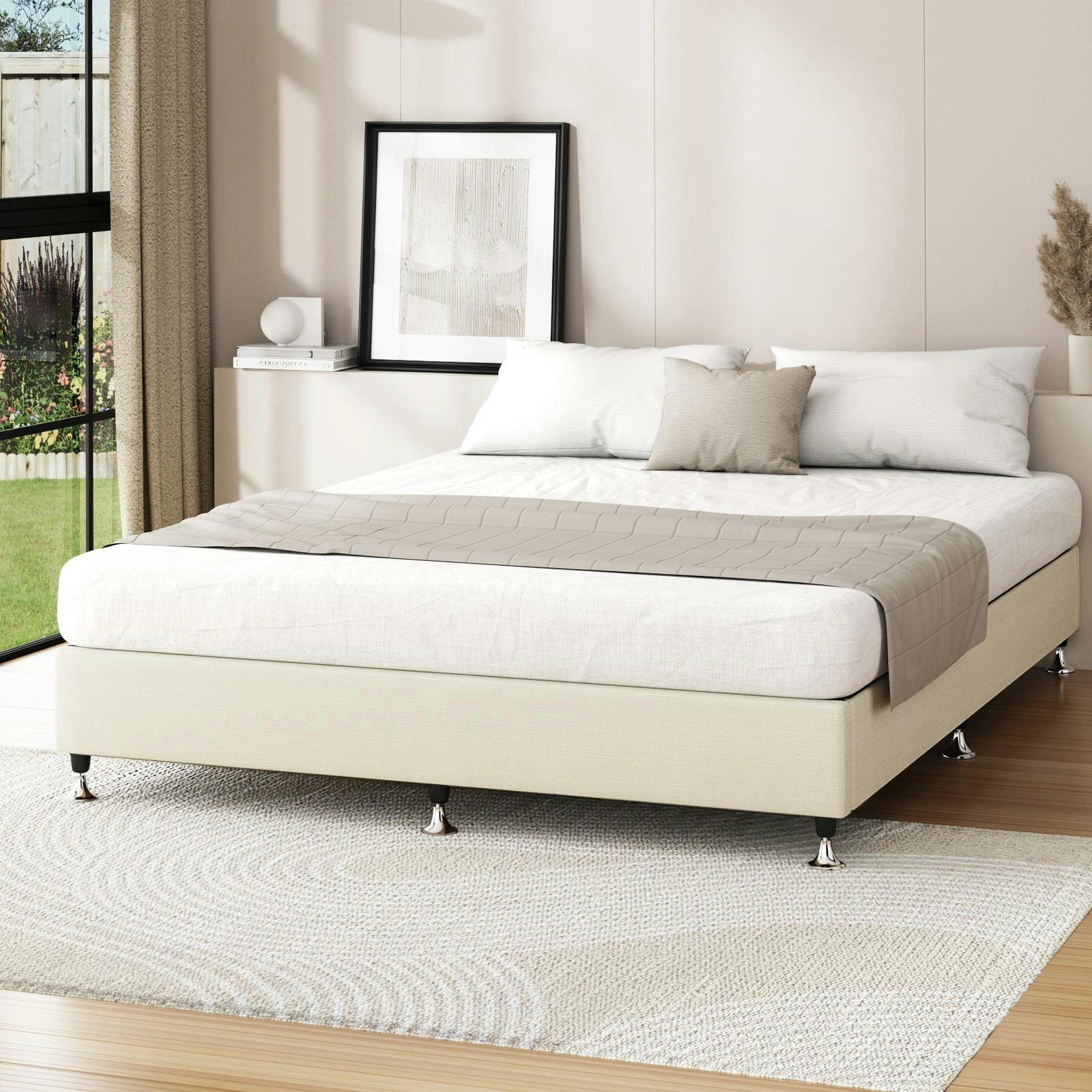 Oikiture Bed Frame King Size Bed Base Platform Beige