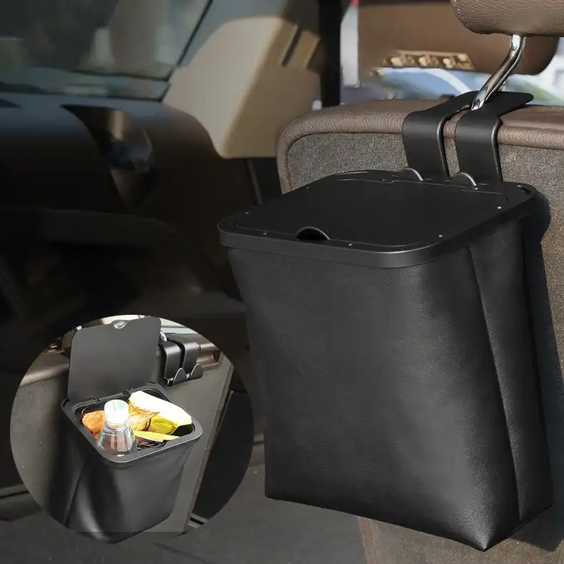 Car Trash Can Collapsible Car Garbage Can with Lid PU Leather Car Trash Bin