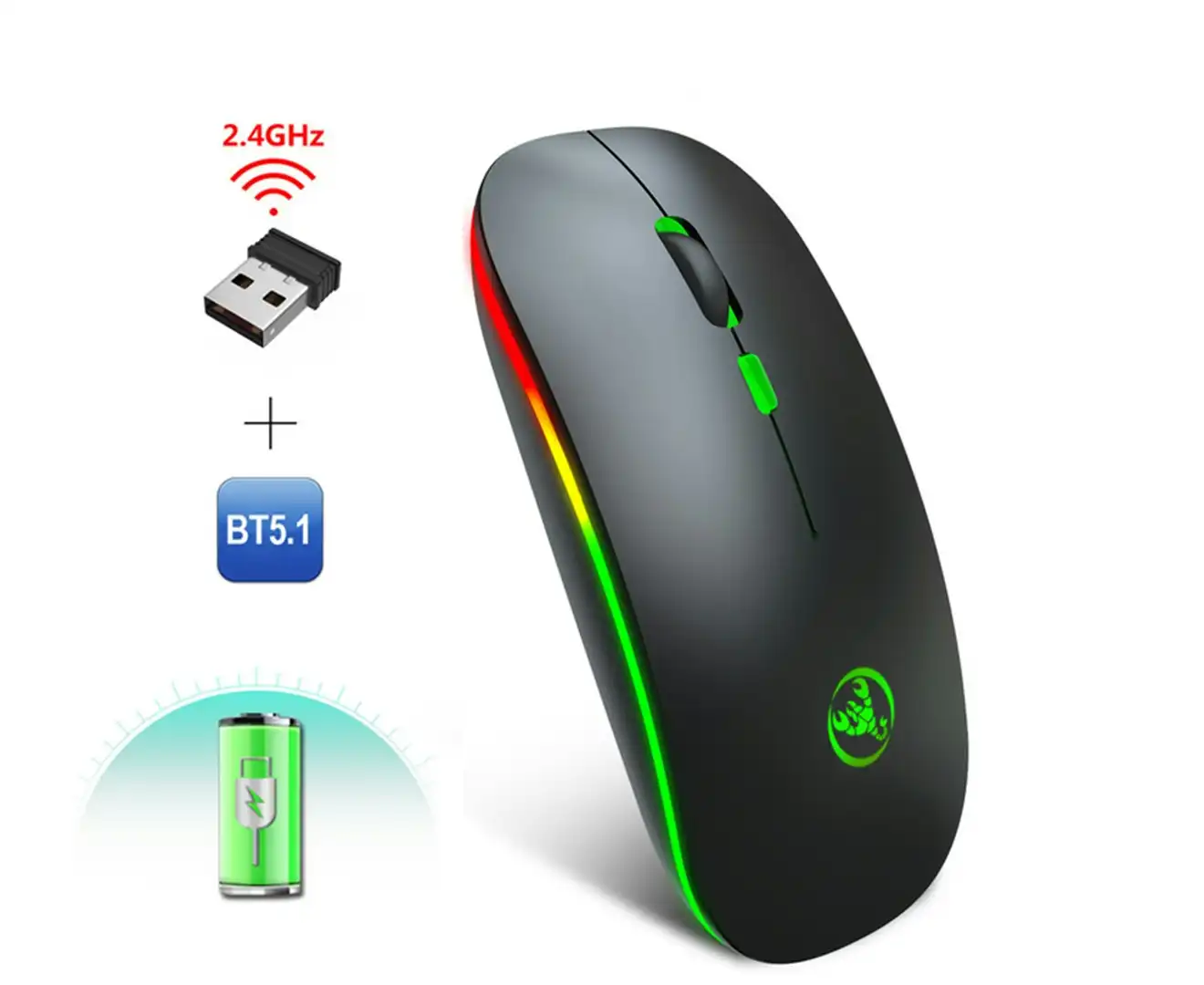 Dual-Mode Bluetooth 5.1 Colorful  wireless RGB Rechargeable Mouse  For Laptop PC