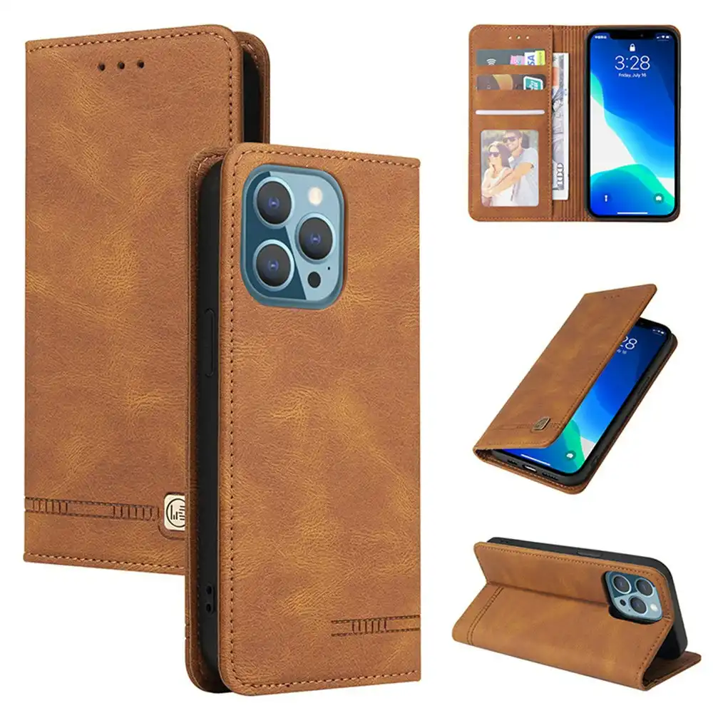 PU Leather Case with Credit Card Slots for iPhone 13 series-Brown