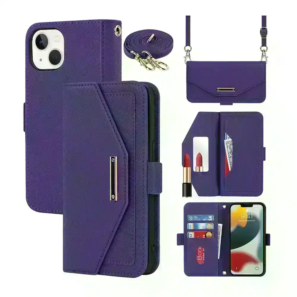 Crossbody Phone Case Wallet PU Leather Flip  Wrist Holder iPhone Cases-Purple