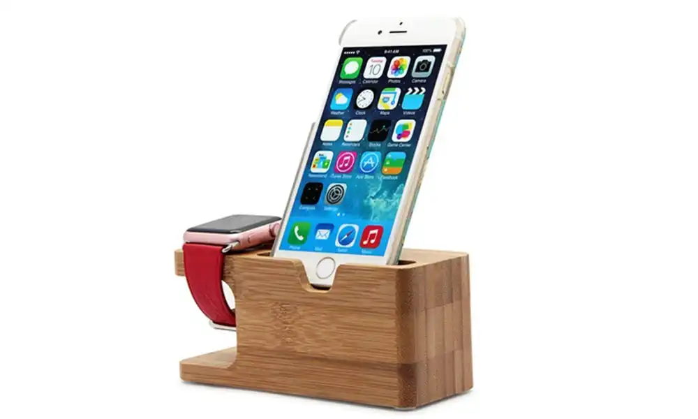 2 in 1 Bamboo Wood Charging Stand Cradle Holder for Apple Watch and iPhone