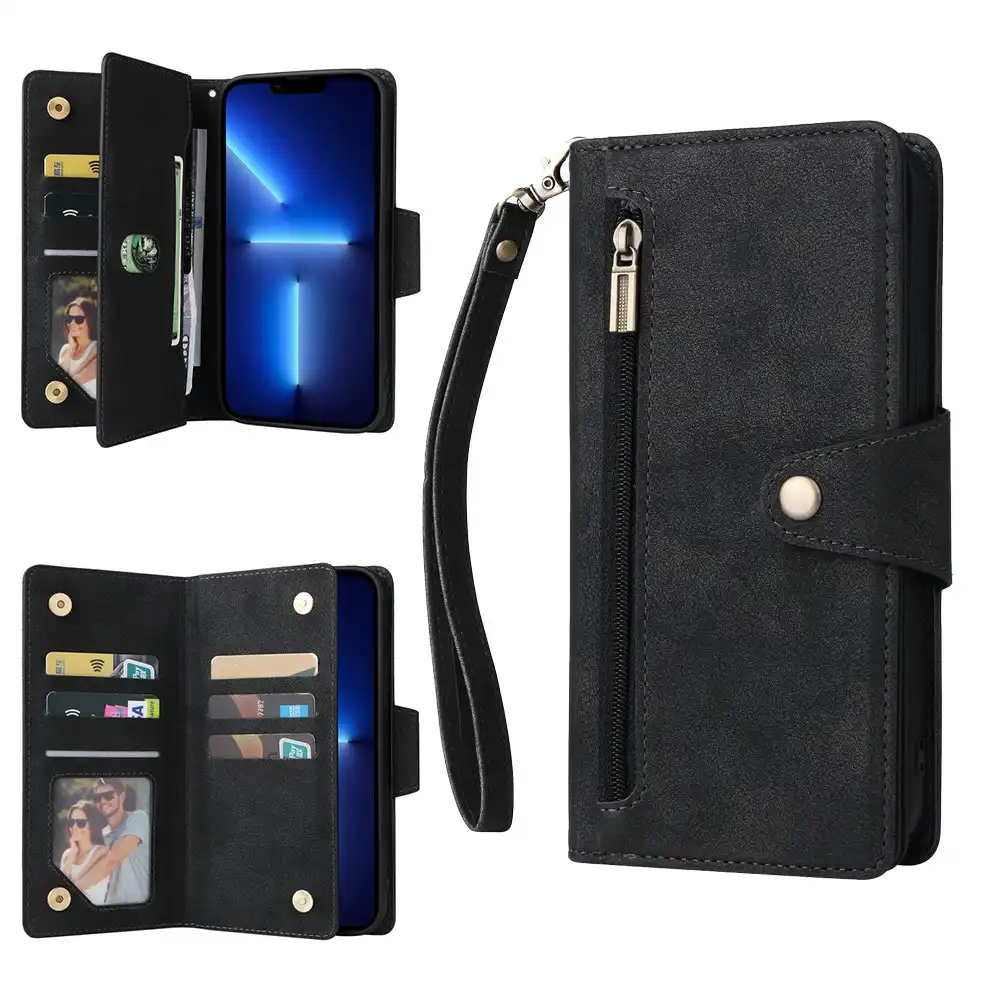 Zip Flip Card Wallet Phone Case For iPhone 11/12/13 Pro Max-Black