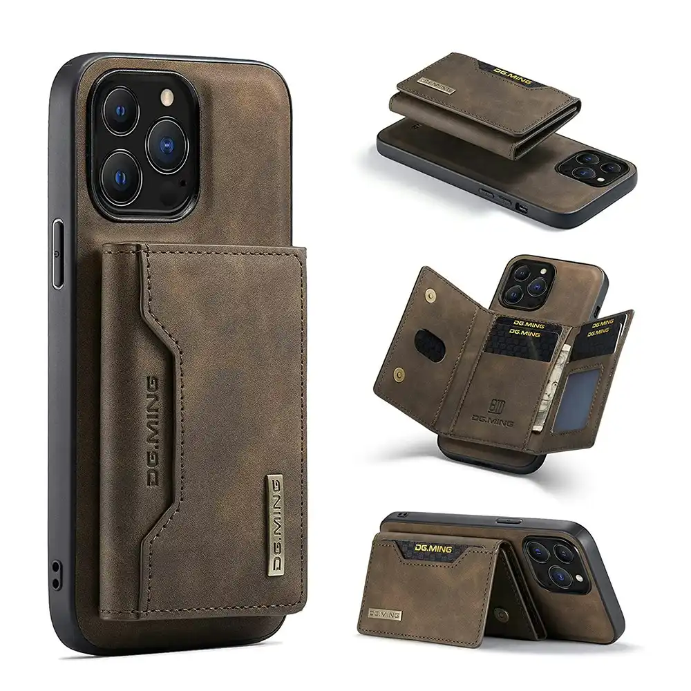 For iPhone 14 13 12  Magnetic Leather Removable Wallet Cover-Brown
