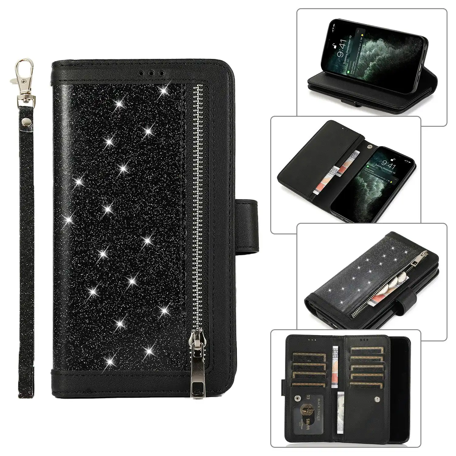 Zipper Pocket PU Leather Flip Wallet Case with 9 Card Slots for iPhone-Black