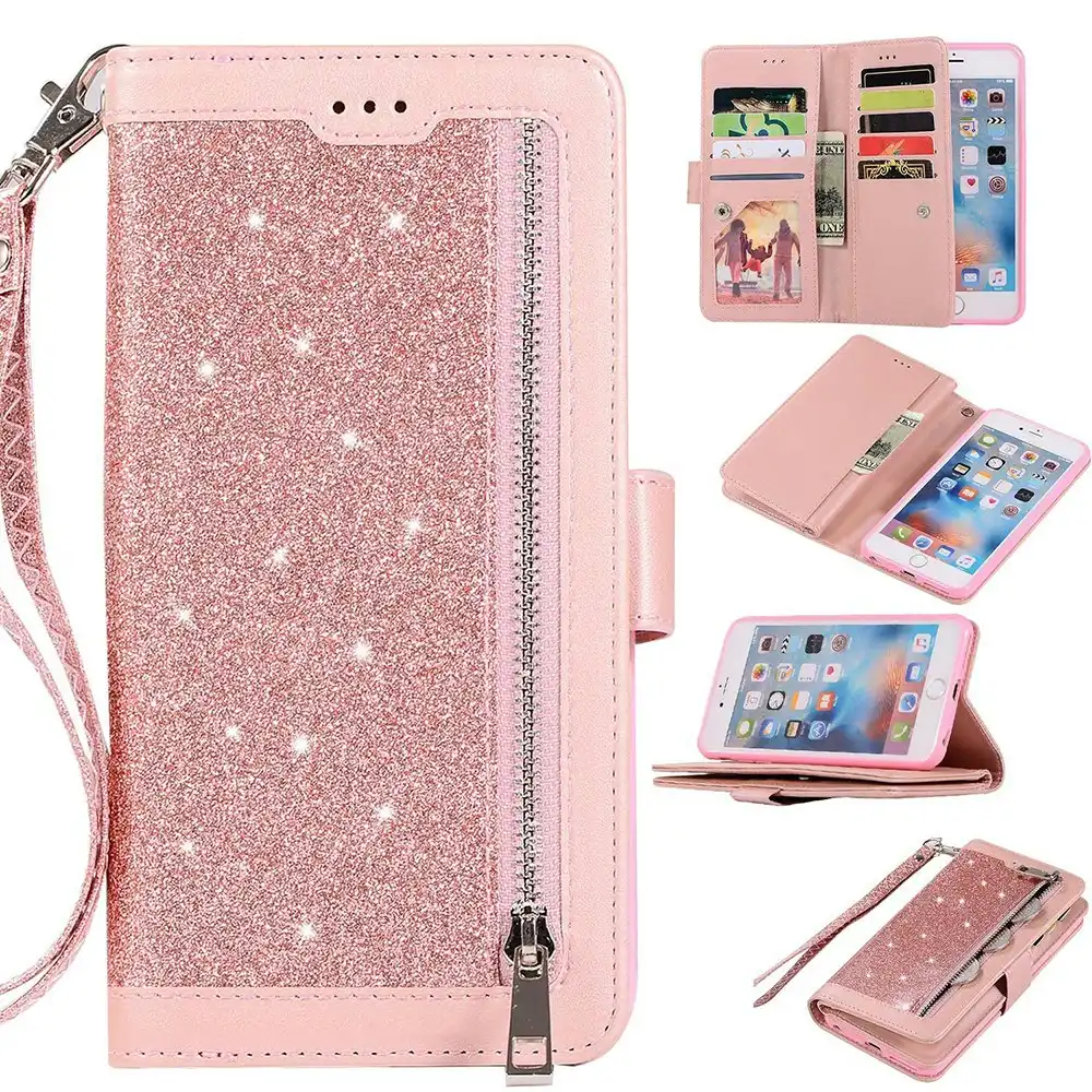 Zipper Pocket PU Leather Flip Wallet Case with 9 Card Slots for iPhone-Rose Gold