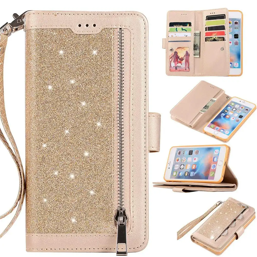 Zipper Pocket PU Leather Flip Wallet Case with 9 Card Slots for iPhone-Gold
