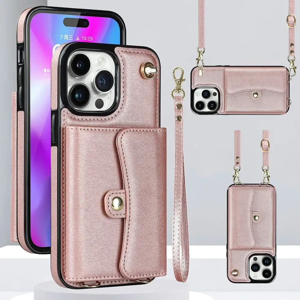 Crossbody Wallet Case with Card Holder Leather Phone Case iPhone Case-Rose Gold