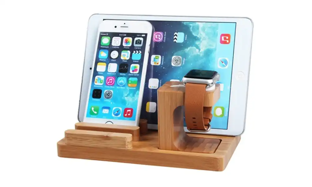 3 in 1 Bamboo Wood Charging Stand Cradle Holder for Apple Watch and iPhone