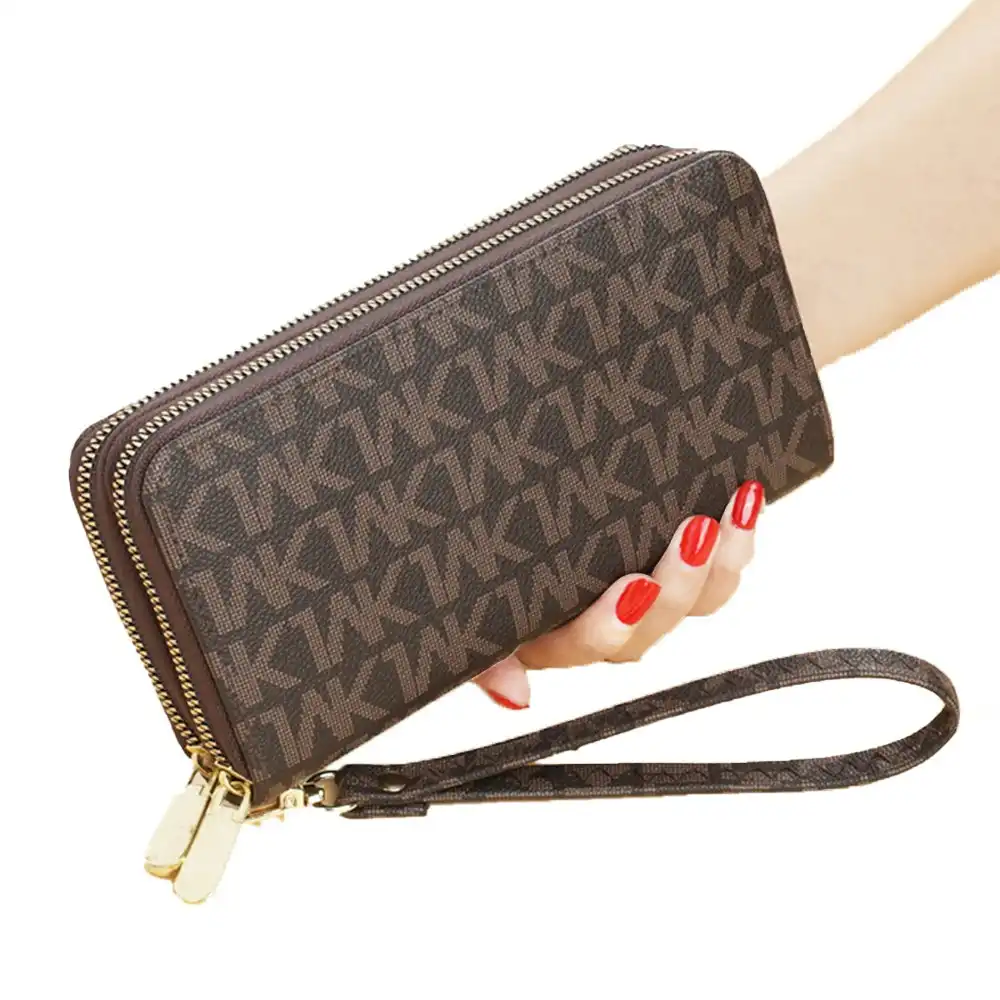 Double Zipper Women Wallet Card Holder PU Leather Phone Bag-Bronw