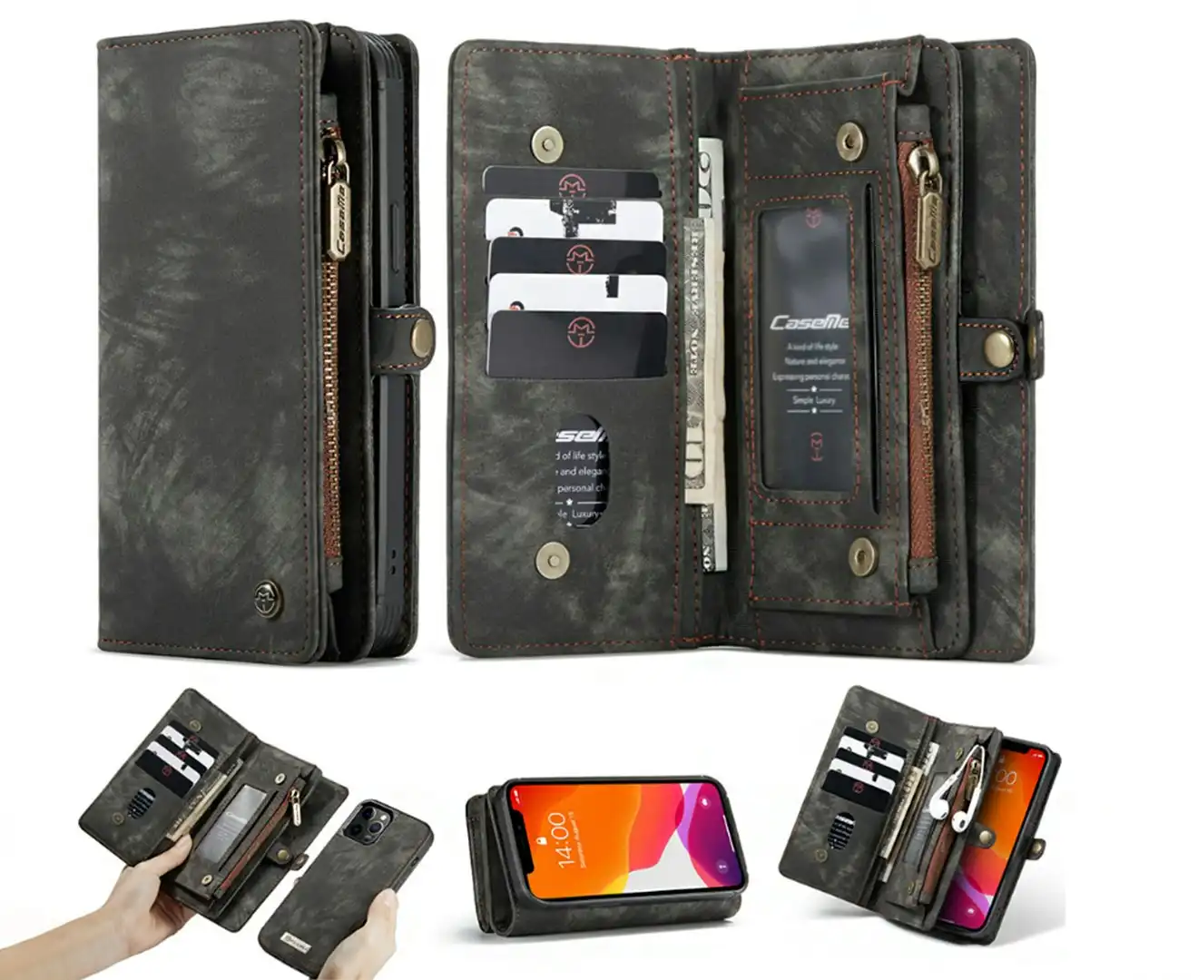 2 in 1 detachable leather zipper wallet case for iphone