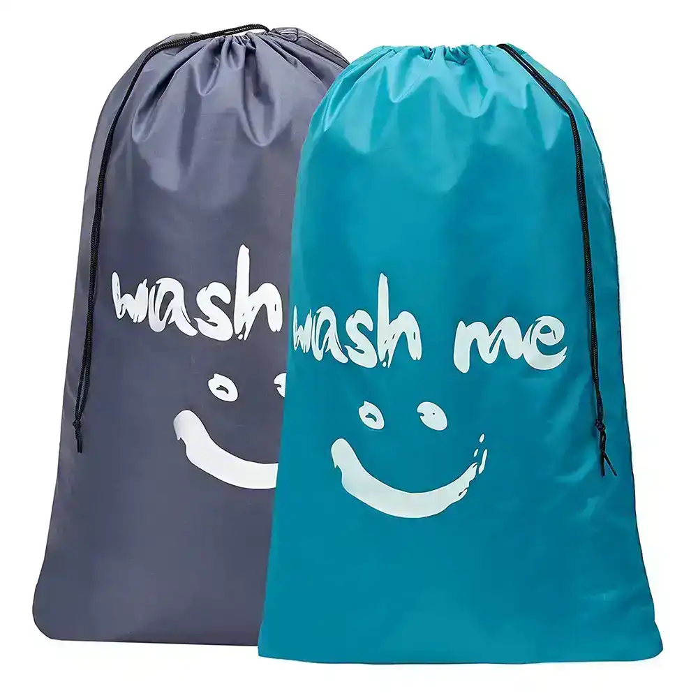 2 Pack Travel Laundry Bag Machine Washable Dirty Clothes Organizer-Blue&Gray