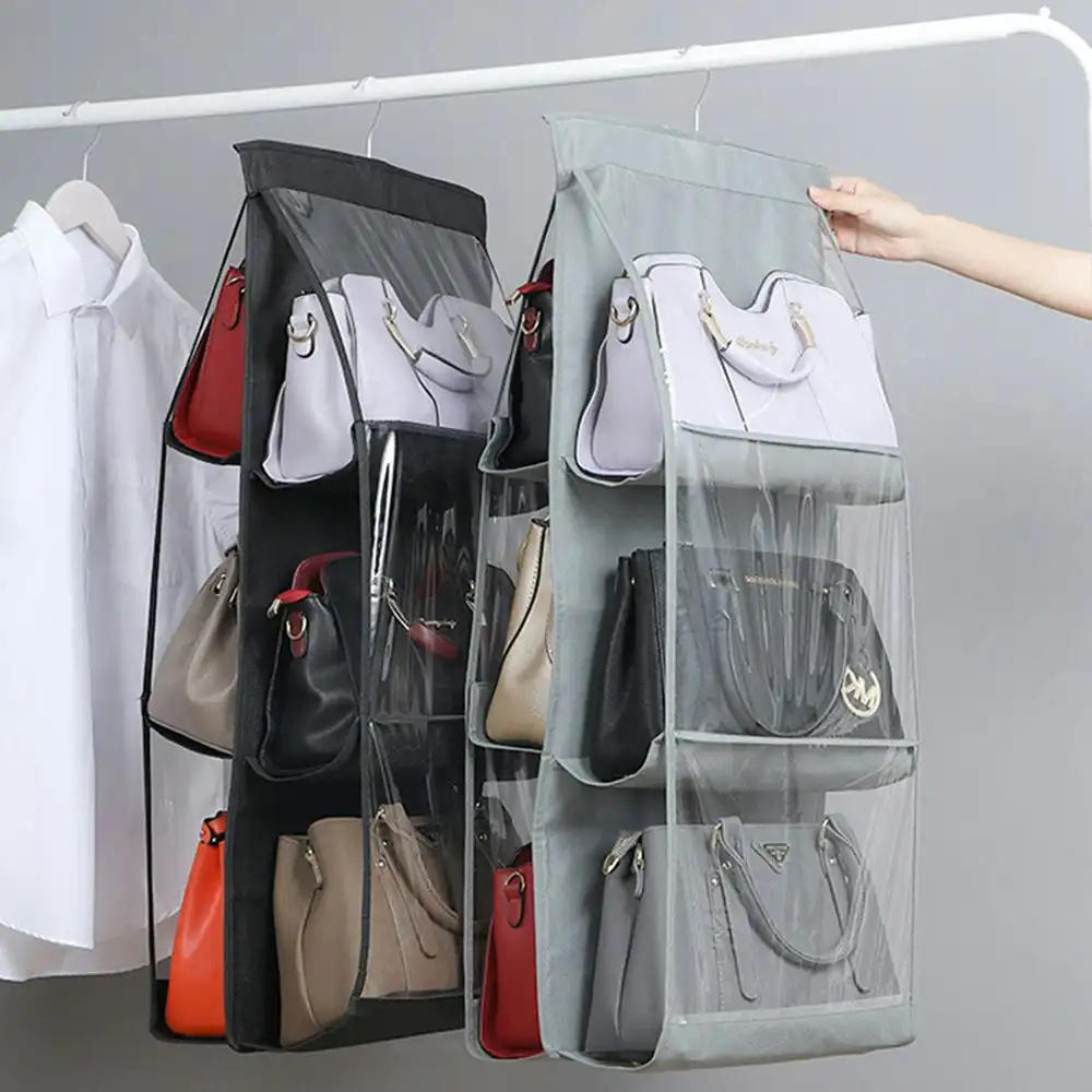 2 Pack 6 Pocket Folding Hanging Handbag Storage Organizer Holder Hanger