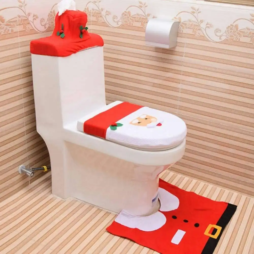 3pcs Cute Christmas Toilet Seat Cover Santa Claus Bathroom Mat Xmas Supplies