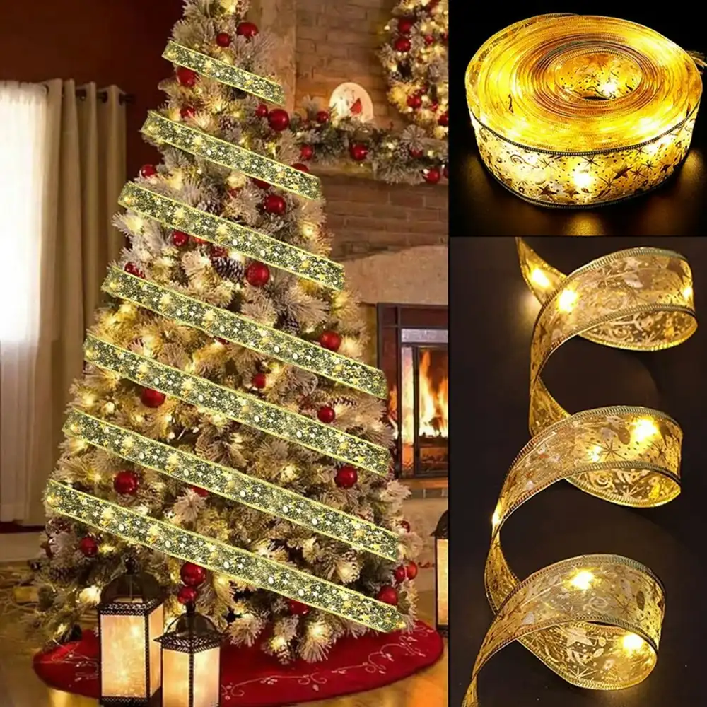 10M Christmas Decoration LED Ribbon Lights DIY Lace Bows String Lights