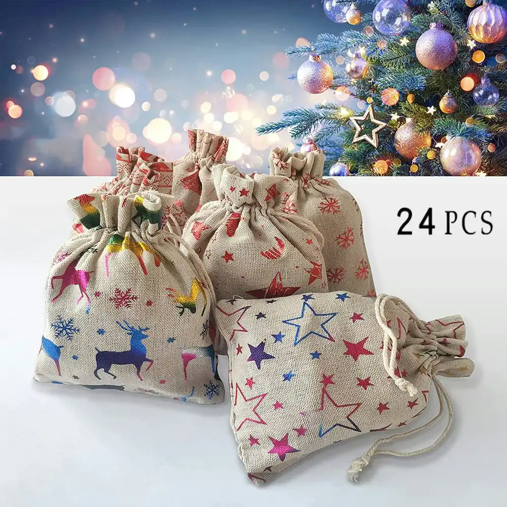 24 Pcs Christmas Gift Bags Metallic Painting with Drawstring Gift Pouches