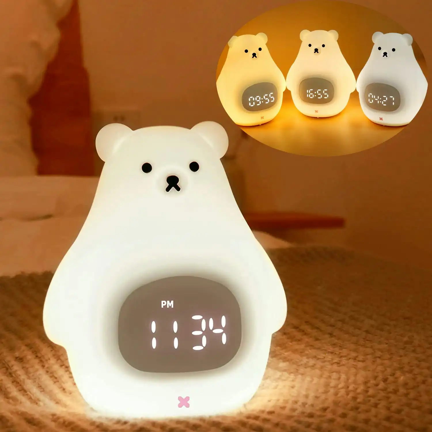 Bear Night Light Alarm Clock Silicone Portable Nursery Light USB Nightlight