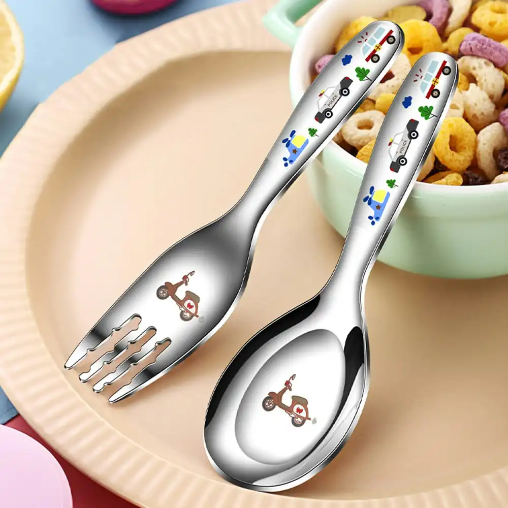 2Pcs Stainless Steel Kids Cartoon Carving Child Tableware Cute Spoon Fork Set