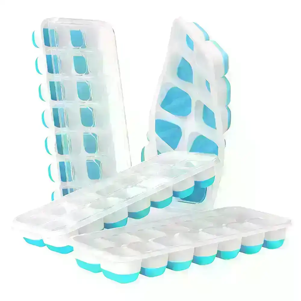 4 Pack Silicone & Flexible 14-Ice Cube Trays With Spill-Resistant Removable Lid