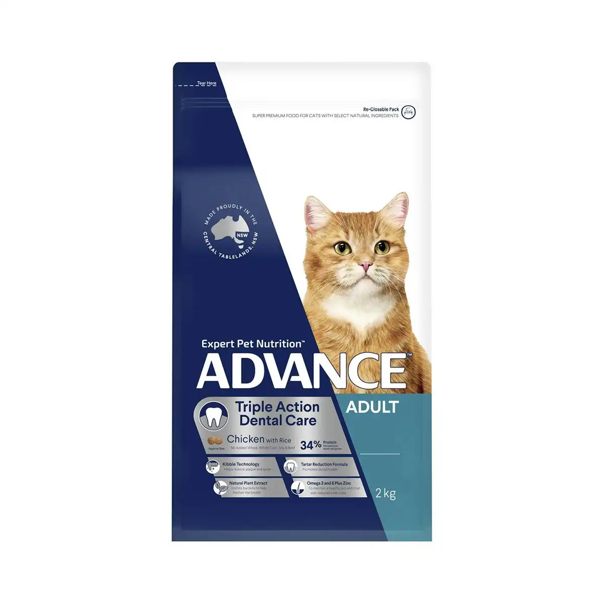 ADVANCE Dental Care Triple Action Adult Chicken with Rice Dry Cat Food 2 Kg
