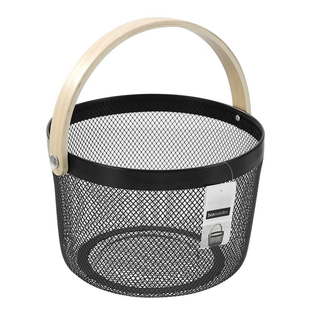 Box Sweden Mesh Round Basket Wood Handle 26x26x18cm Black