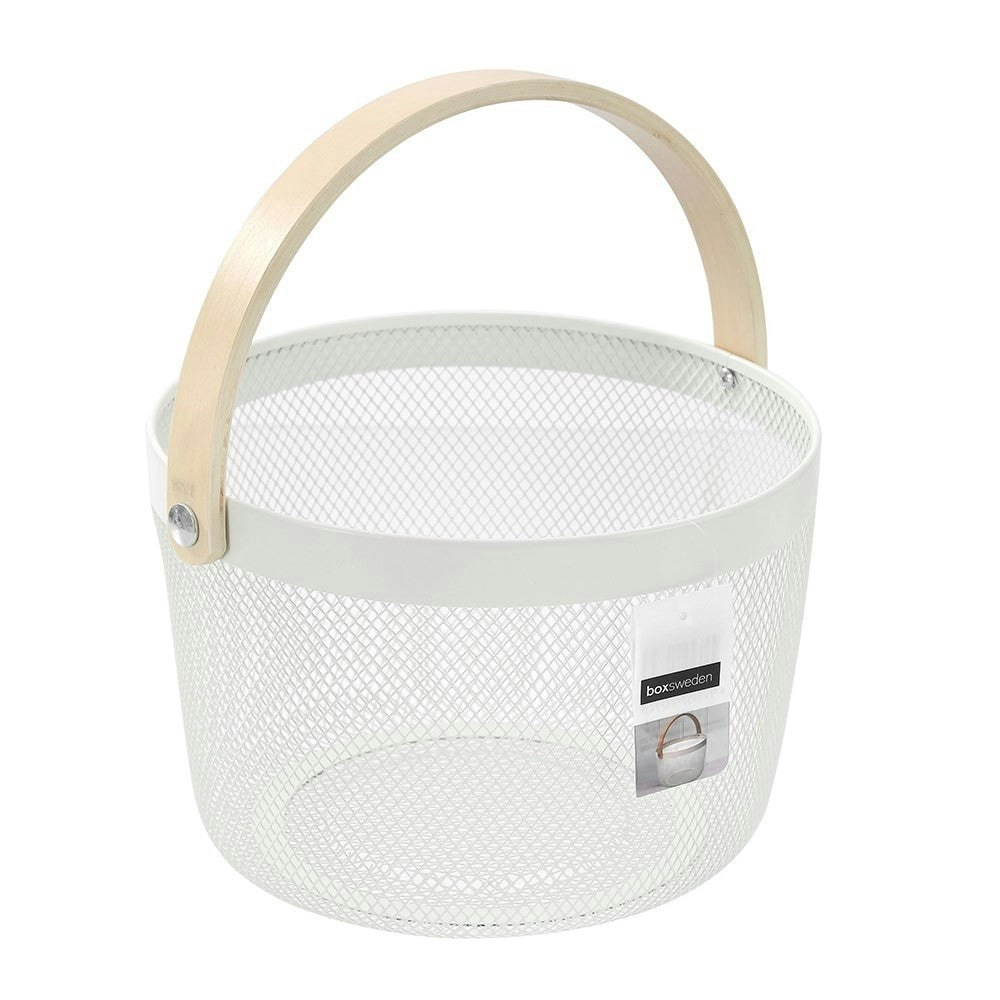 Box Sweden Mesh Round Basket Wood Handle 26x26x18cm White