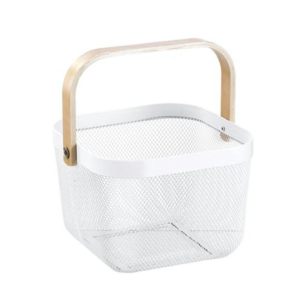 Box Sweden Mesh Storage Basket 25x25x17cm W/Birch Wood Handle - White