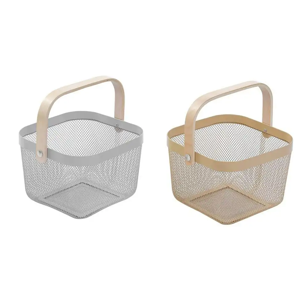 Box Sweden Mesh Storage Basket 25x25x17cm Birch Wood Handle - Gold Or Silver