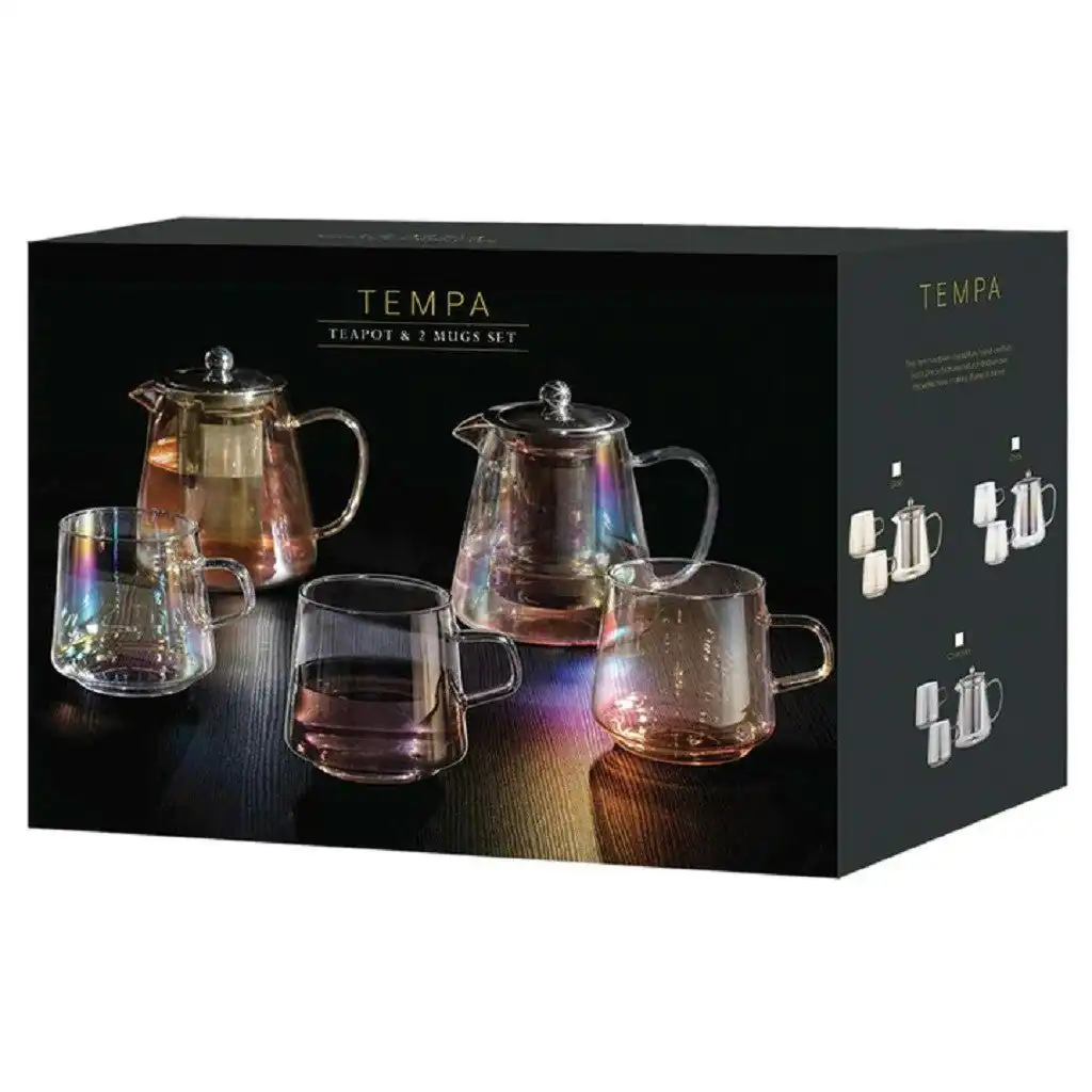 Tempa Oaklyn Glass Teapot & 2 Mugs Set Gold