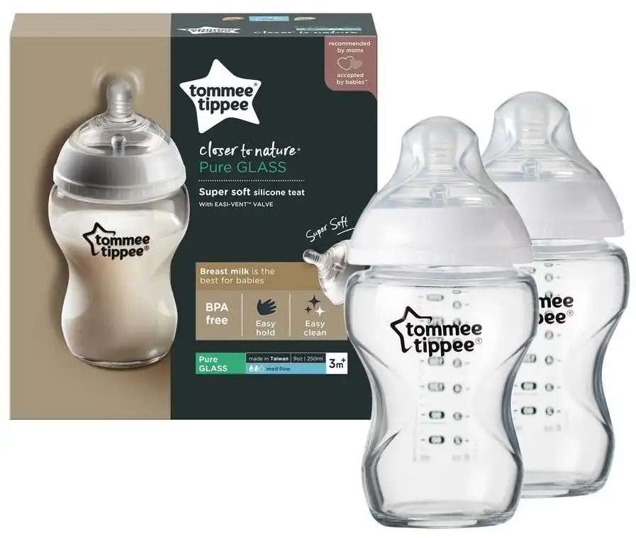 Tommee Tippee Closer To Nature Glass Bottle Medium Teat 250mL 2 pack