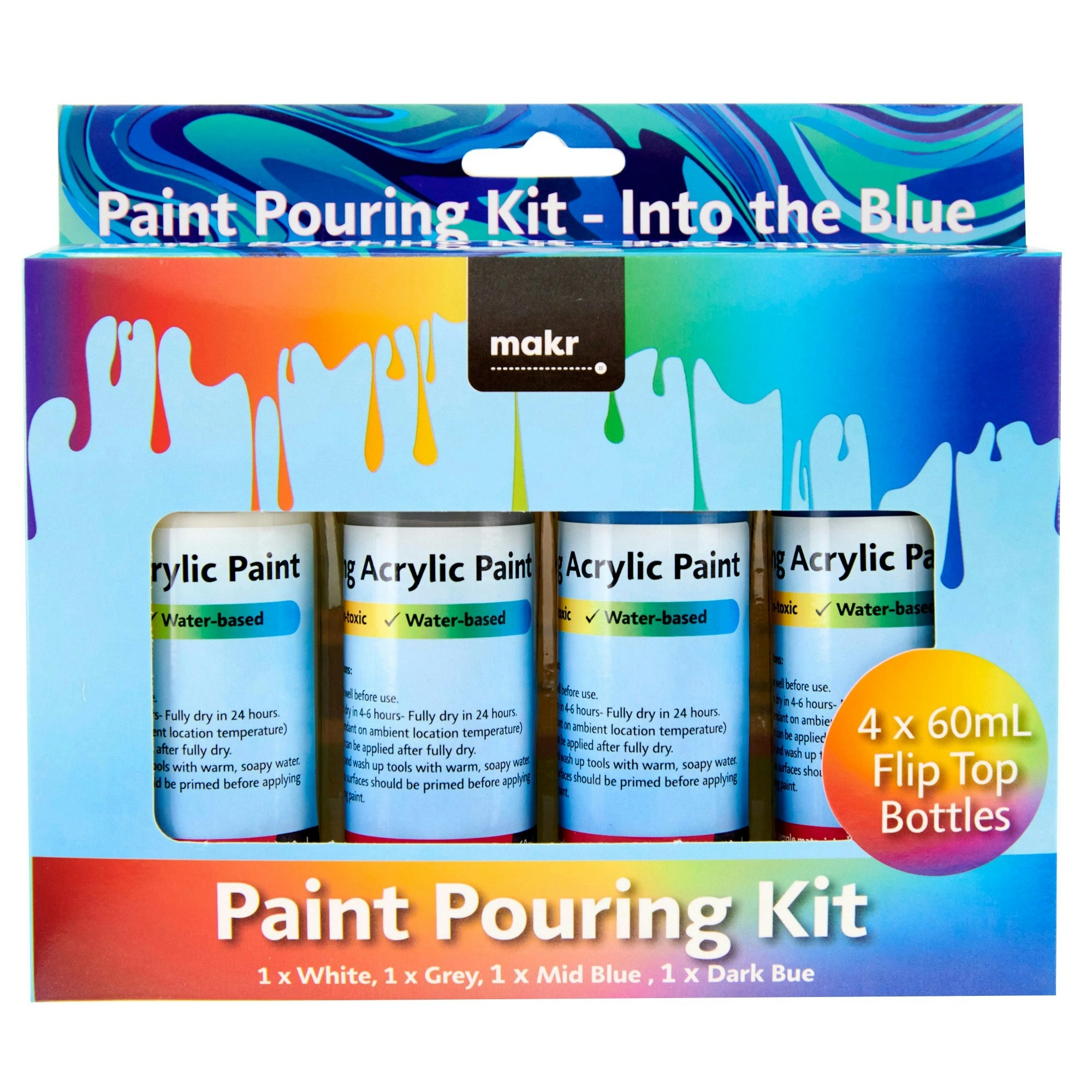 Makr Paint Pour Kit, Into The Blue (White, Grey, Mid Blue, Dark Blue)- 4pk