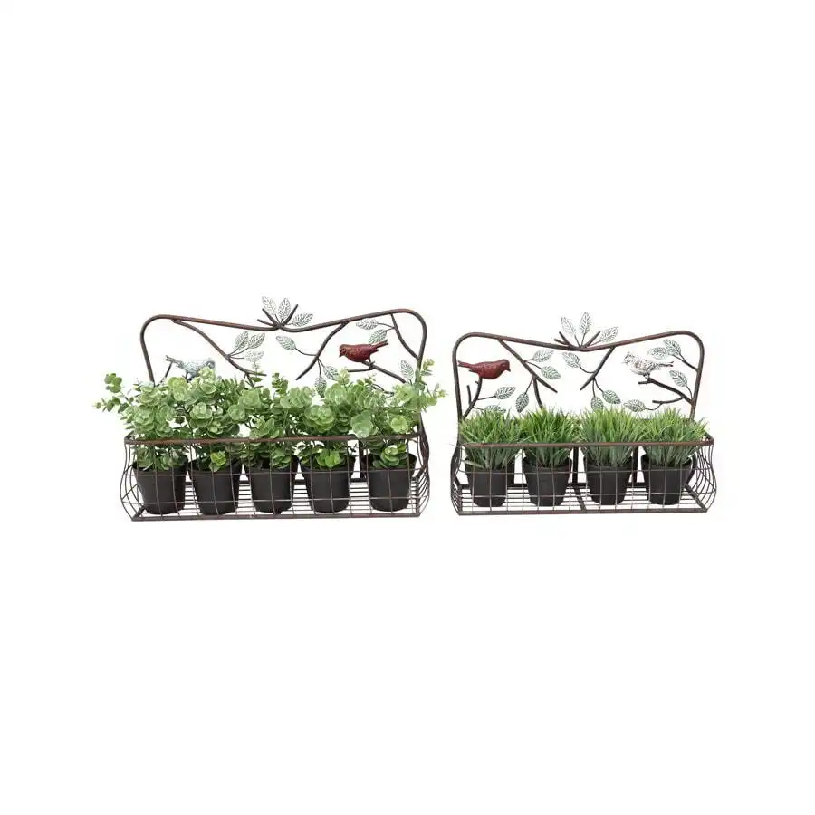 Coloured Bird & Leaves Design Wall Planters Set/2
