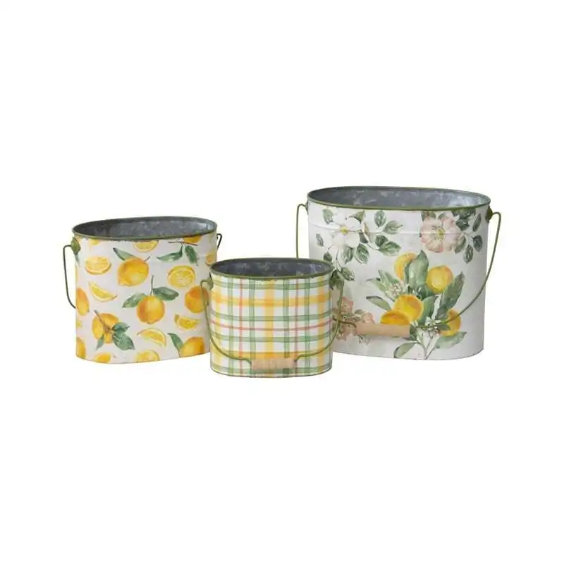 Willow & Silk Metal 41/33/25cm Set of 3 Summer Lemons Pot/Planter/Buckets