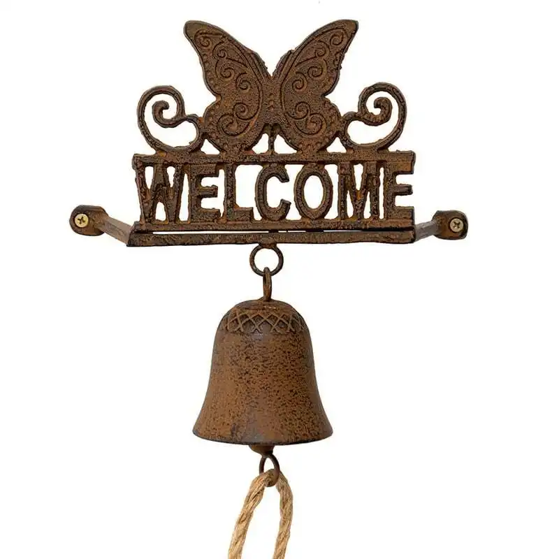 Willow & Silk Hanging 73cm Brown Butterfly 'Welcome' Sign Door Bell w/ Rope