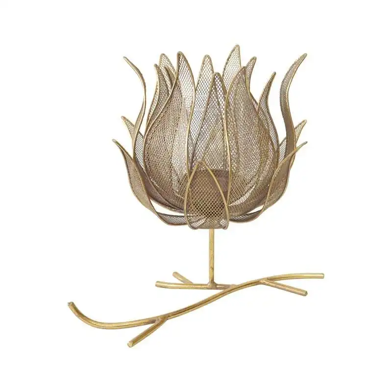 Willow & Silk Golden 30cm Metal/Glass Lotus Flower on Stand Candle Holder