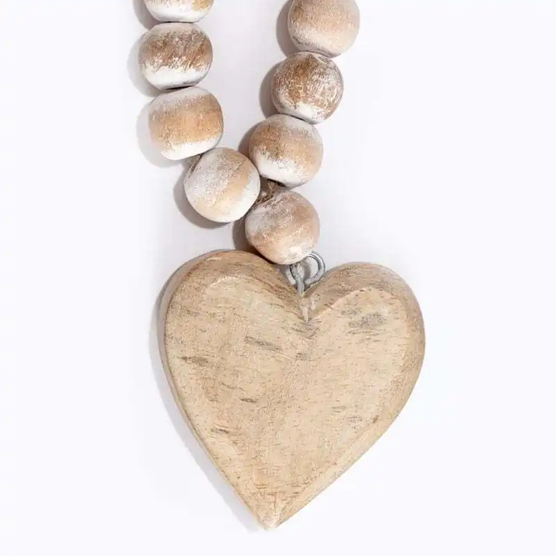 Willow & Silk Handmade 60cm White Wooden Beads Necklace w/ Heart Ornament