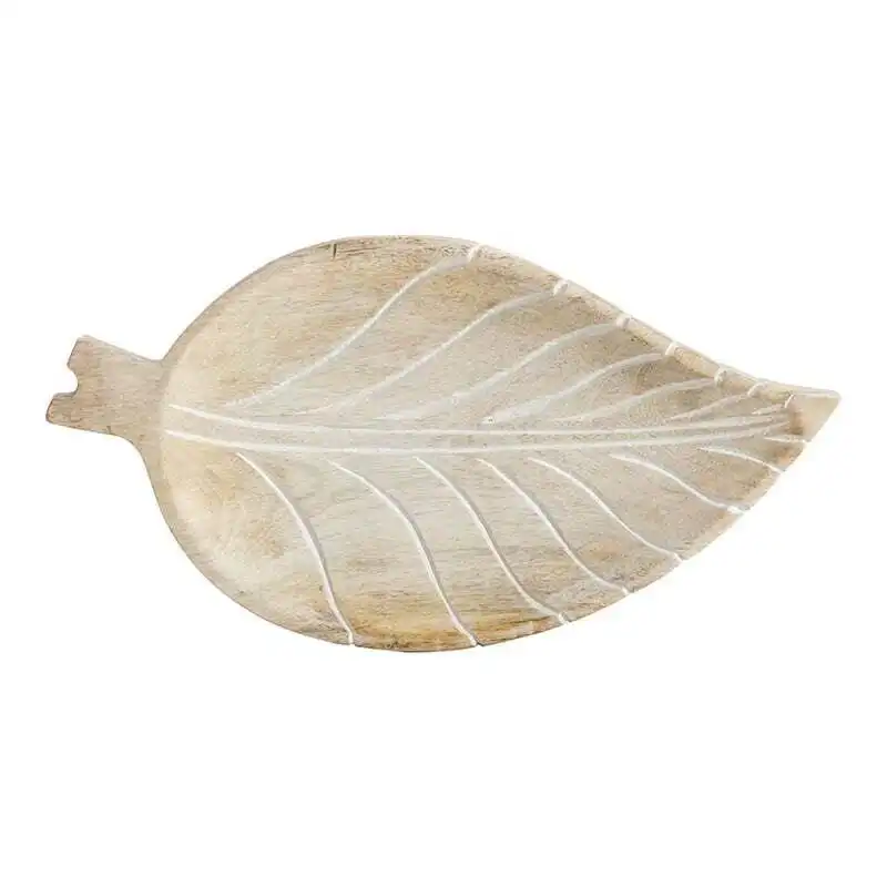 Willow & Silk Handcarved Wooden 30cm Whitewash Leaf Tray