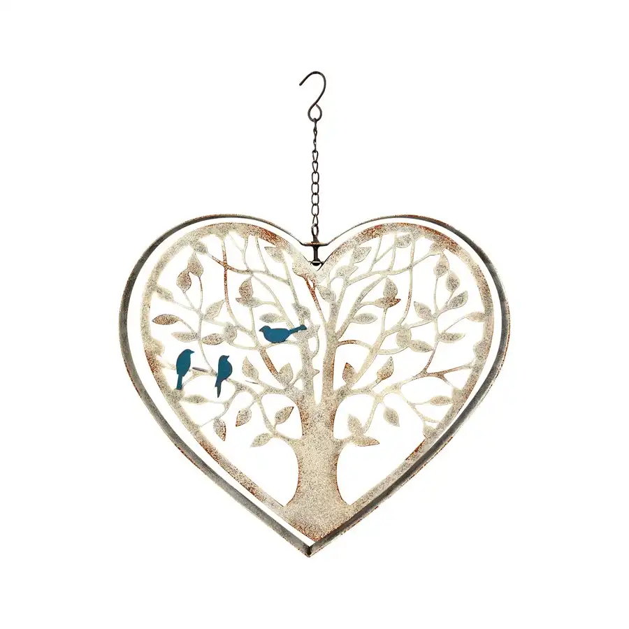 Willow & Silk Hanging 56cm Double Framed Metal Heart Tree w/Birds Wall Art