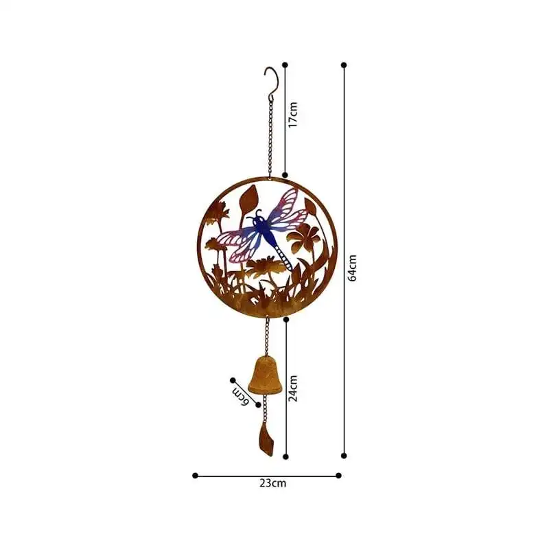 Willow & Silk Hanging 63cm Round Dragonfly Rustic Metal Wall Art w/ Bell