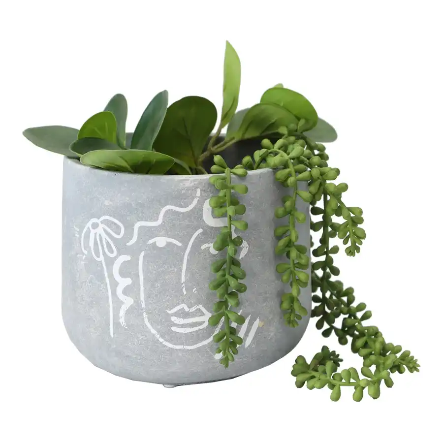 Willow & Silk Cement 18cm Grey Contemporary Line-Face/Flower Pot/Planter