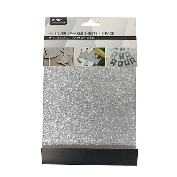 Makr Cardstock A5 Specialty Pack Sparkling Sheets with Adhesive, Silver- 8pk