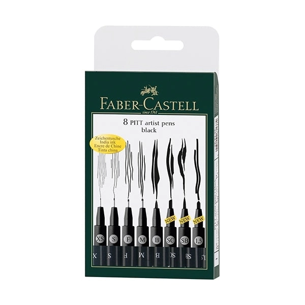 Faber-Castell Pitt Artist Pens Assorted Nibs, Black- 8pk