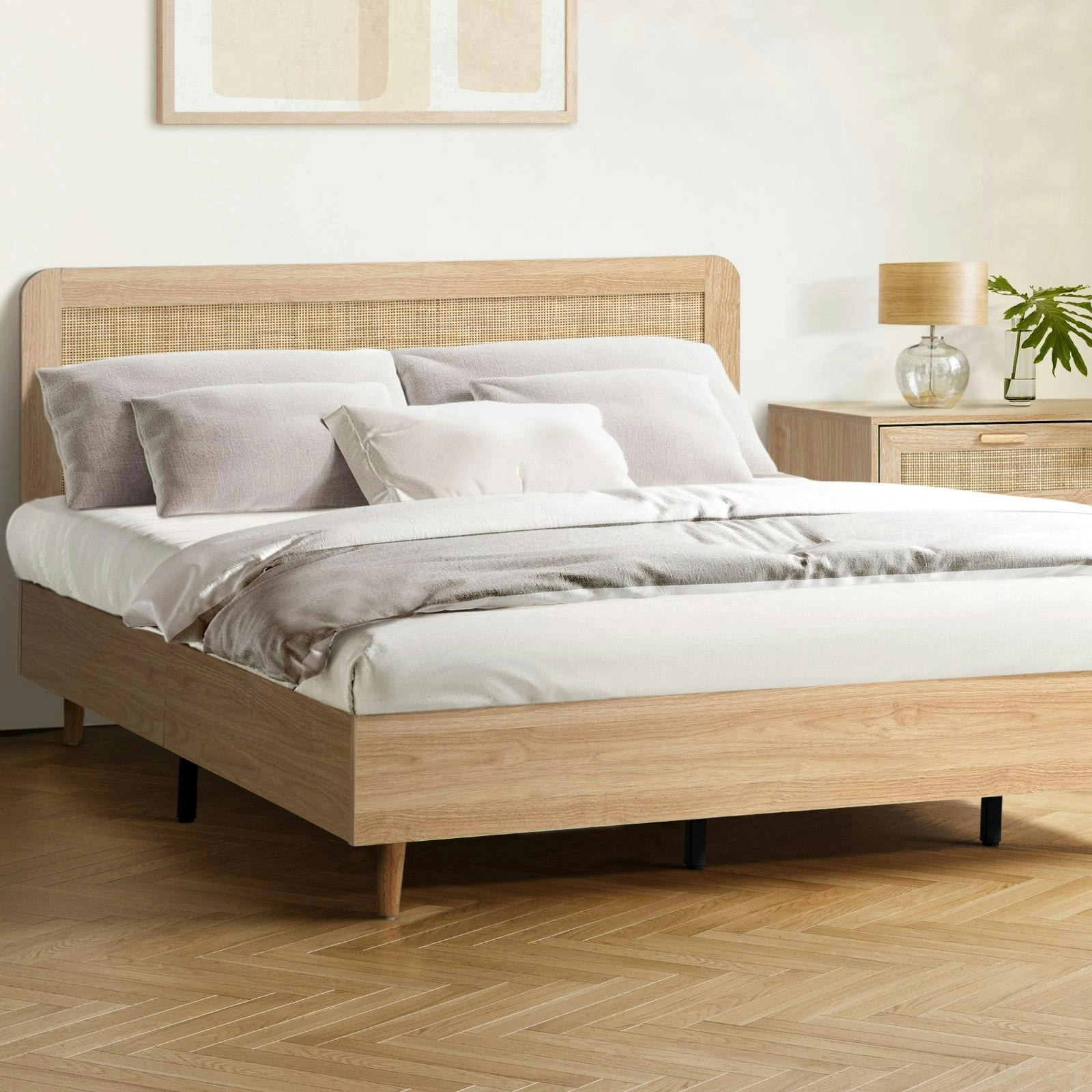 Oikiture Bed Frame King Size Wooden Bed Platform Genuine Rattan