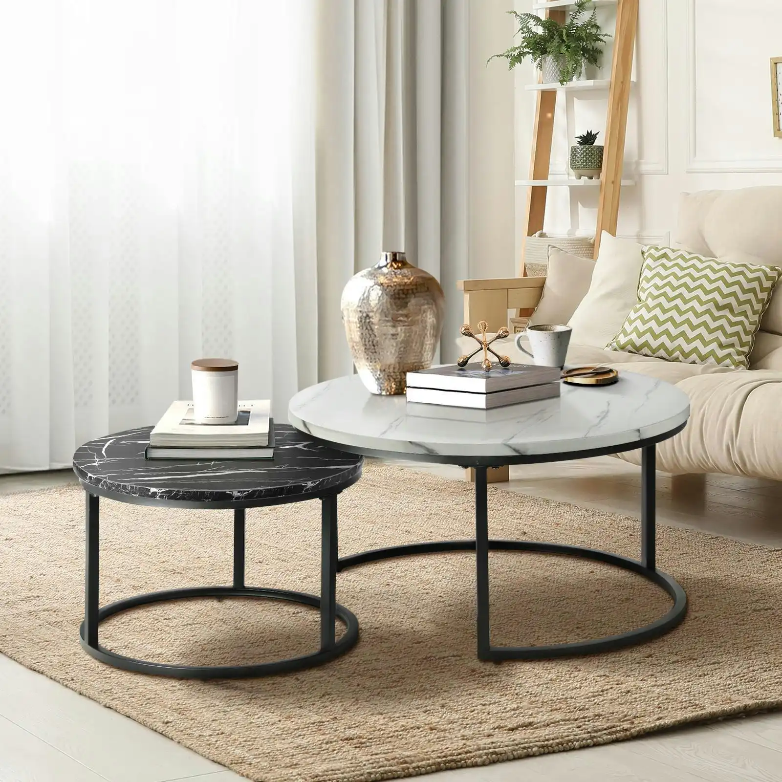 Oikiture Set of 2 Coffee Table Round Nesting Side End Table White and Black