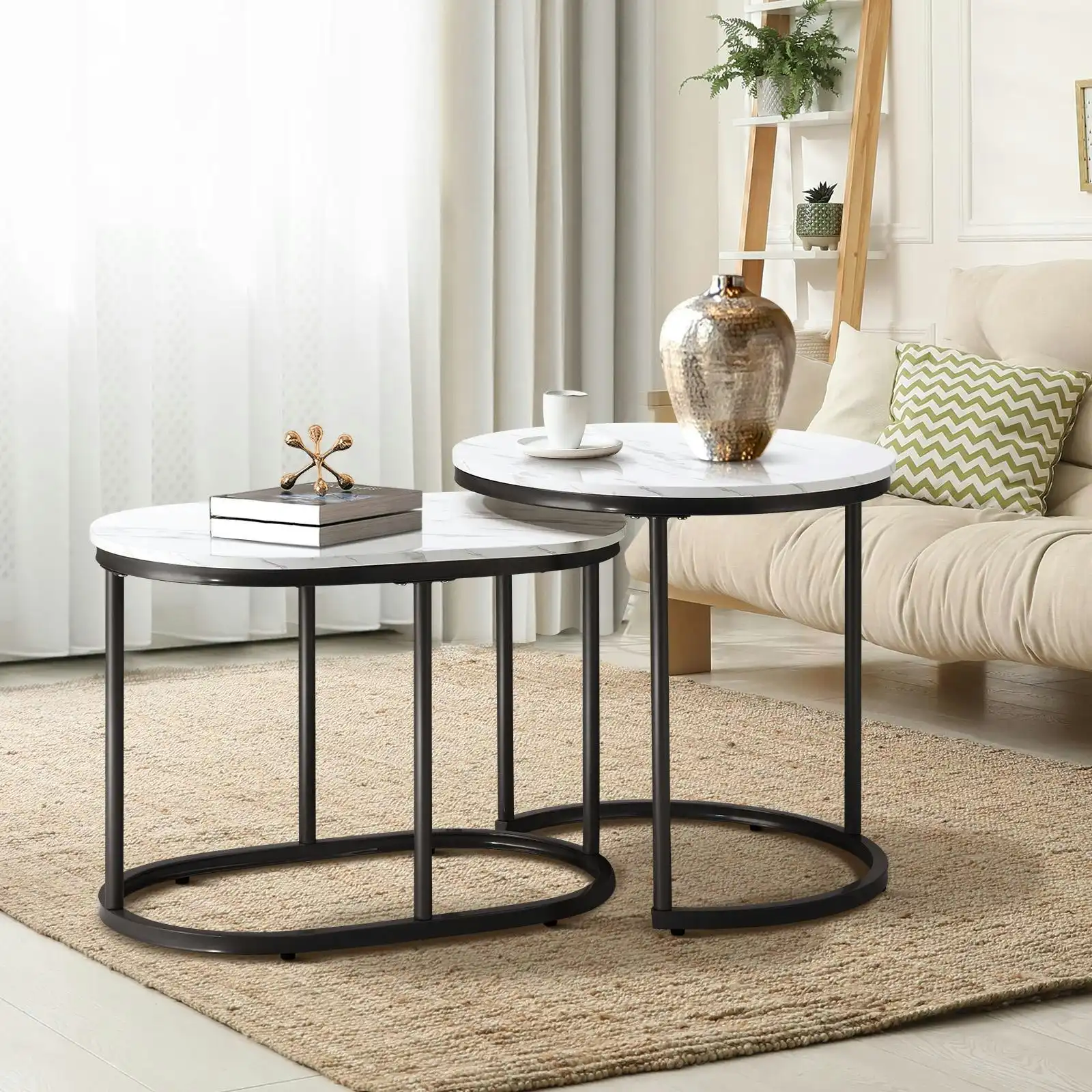 Oikiture Set of 2 Coffee Table Round Oval Marble Nesting Side End Table Black