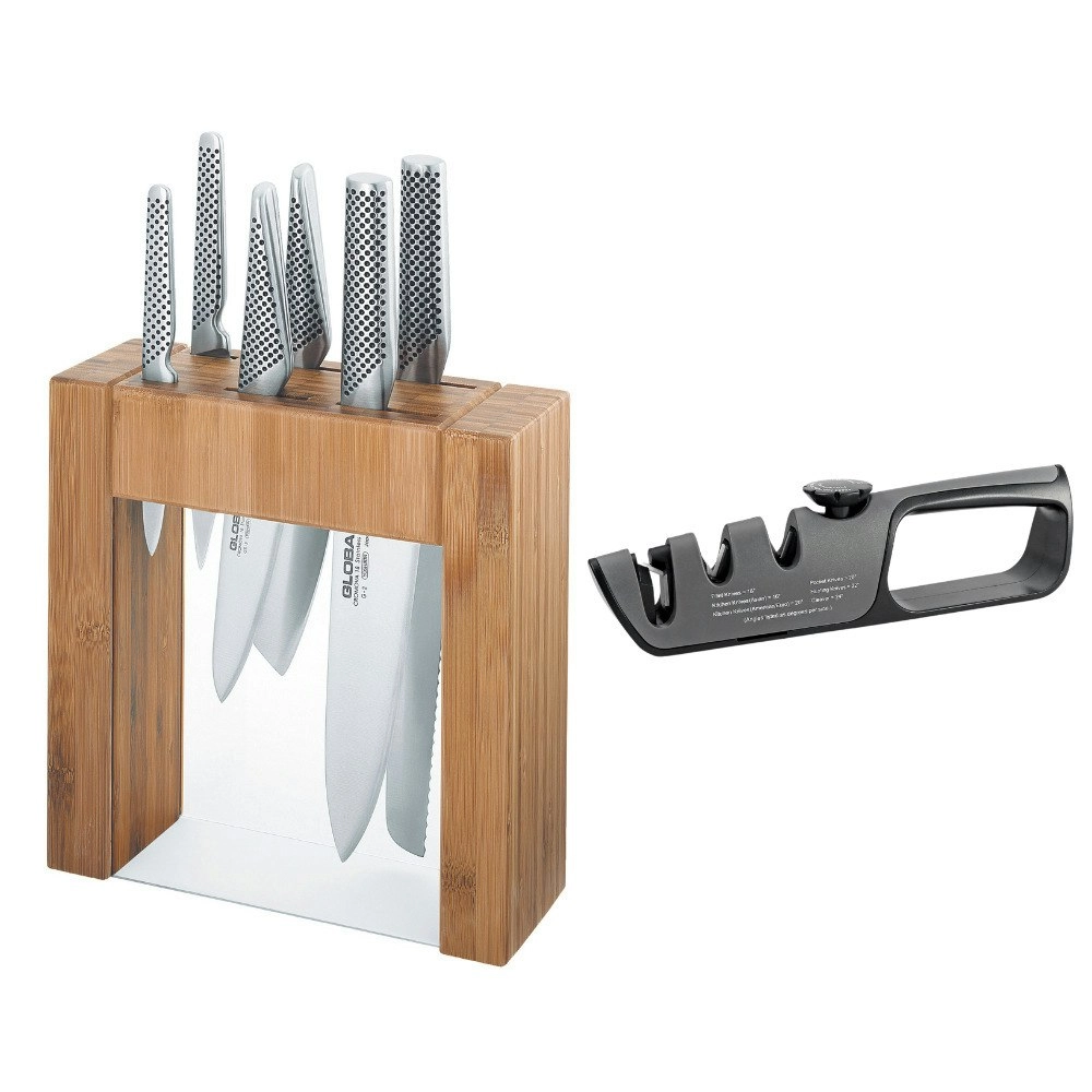 Global 79585 Ikasu Knife Block Set 7pc with Bonus Acuminate Adjustable Knife Sharpener