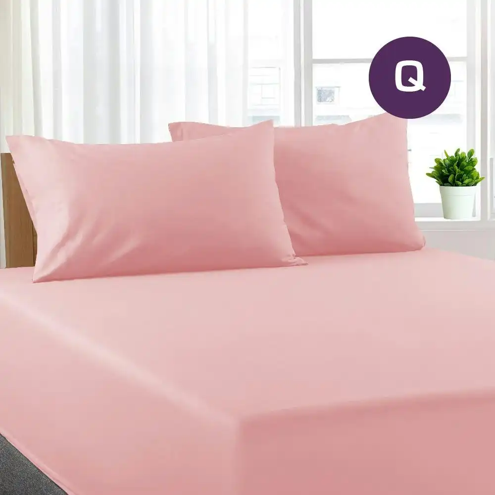 Queen Size Light Pink Color Poly Cotton Fitted Sheet + Pillowcase