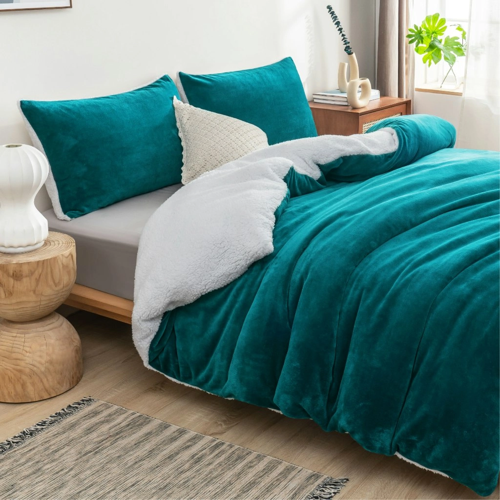 Luxor 2 in 1 Teddy Fleece Sherpa Duvet Cover Set and Blanket Teal