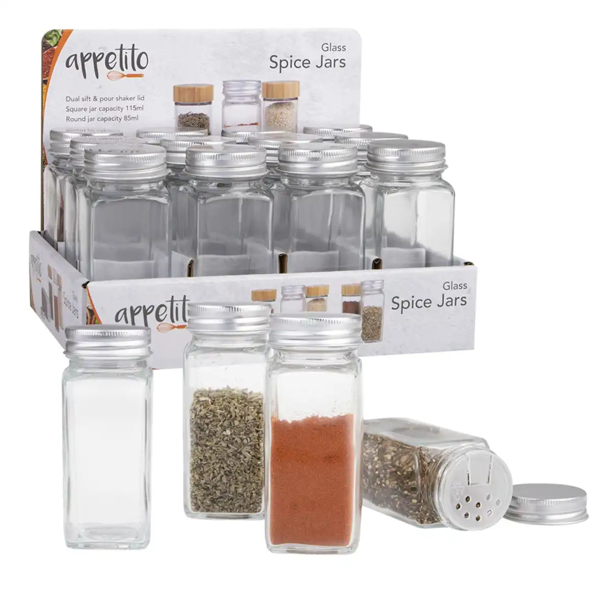 Appetito GLASS SQUARE SPICE JAR WITH METAL LID - Set of 6