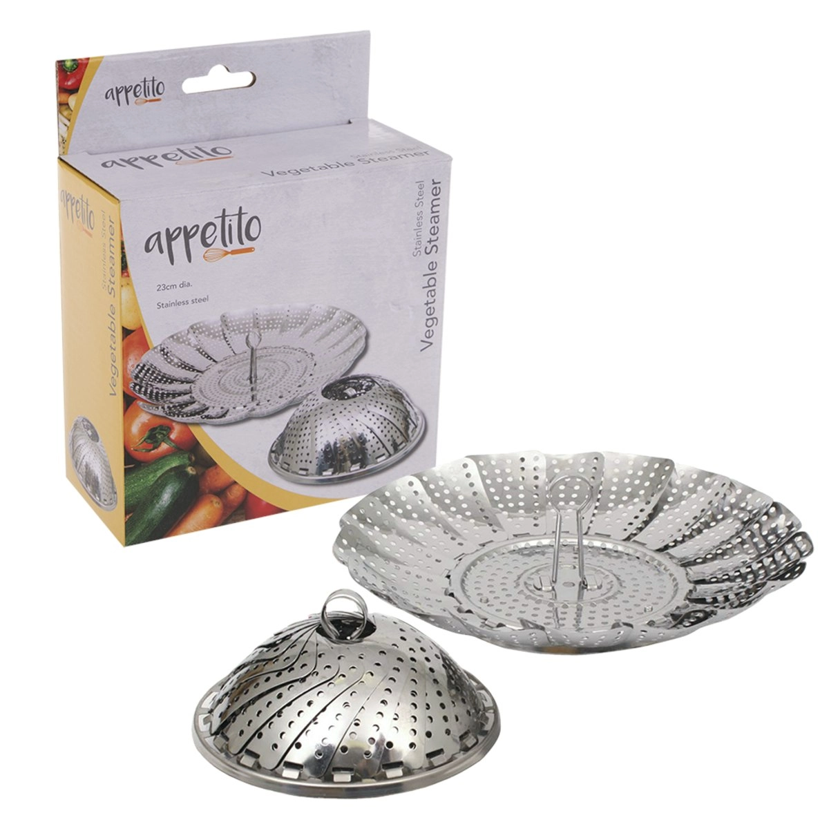 Appetito STAINLESS STEEL VEGETABLE STEAMER BASKET 23cm